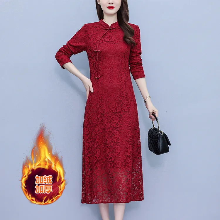 新中式复古蕾丝妈妈装连衣裙2025高腰修身显瘦喜婆婆装中国风裙子
