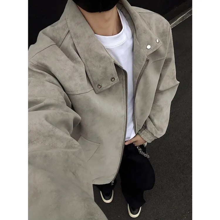 雾面扎染皮衣外套男春秋cleanfit美式飞行夹克垫肩立领机车棒球服