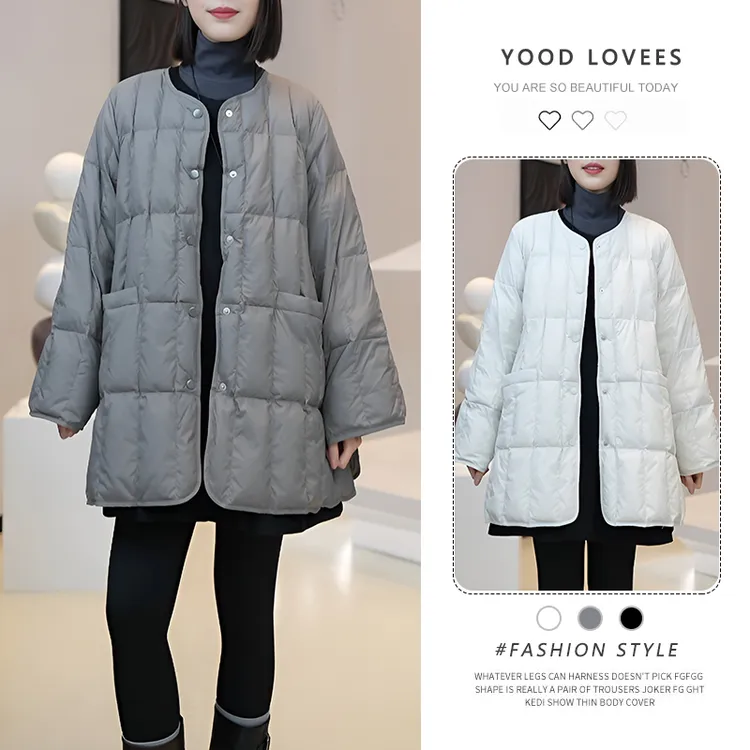 休闲时尚长袖圆领棉服2025冬季新款中长款宽松轻便单排扣棉衣外套