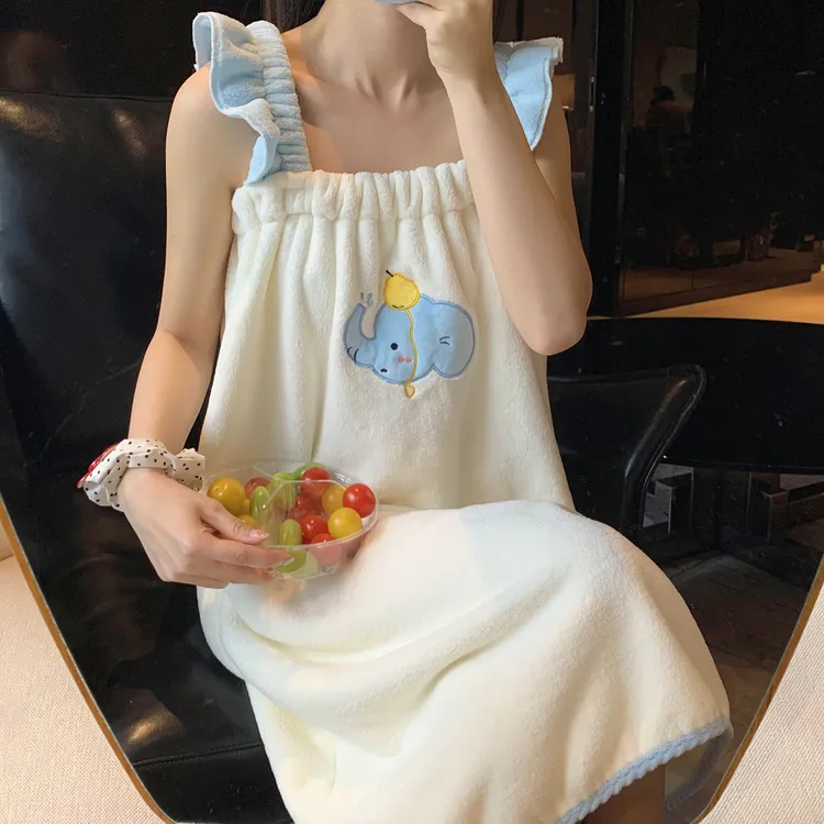 新款吊带浴袍卡通可爱浴巾裹巾可穿吸水速干小象浴裙女家用显白gk