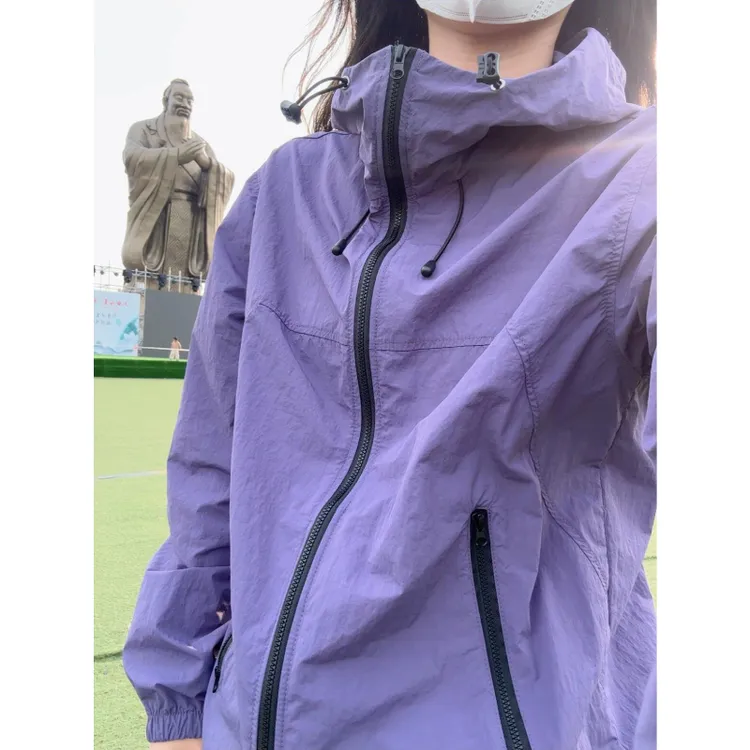 紫色凉感轻薄透气户外防晒衣机能拉链皮肤衣连帽速干运动外套上衣