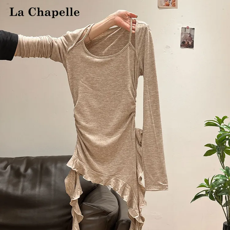 拉夏贝尔荷叶边不规则流苏下摆长袖T恤女秋季假两件掐腰褶皱上衣