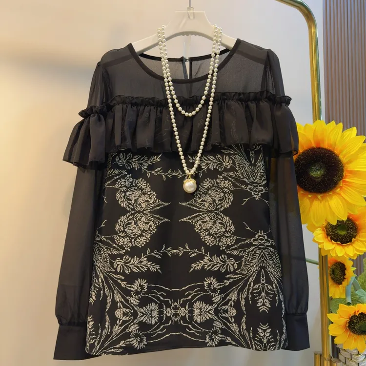 RF秋季时尚薄款短款圆领长袖木耳边宽松型大码衬衫