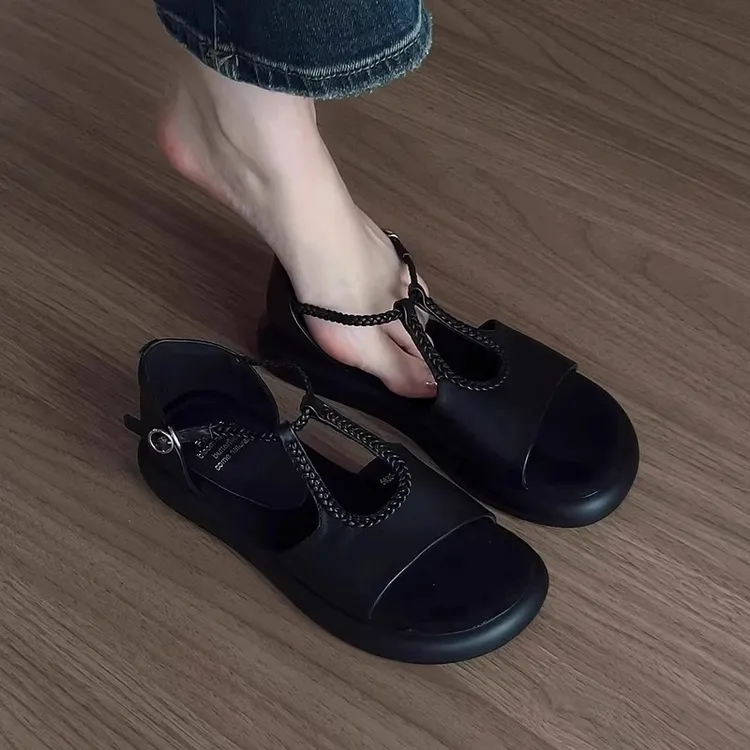 小众复古罗马凉鞋女2025年新款夏季外穿配裙子百搭平底沙滩凉拖鞋