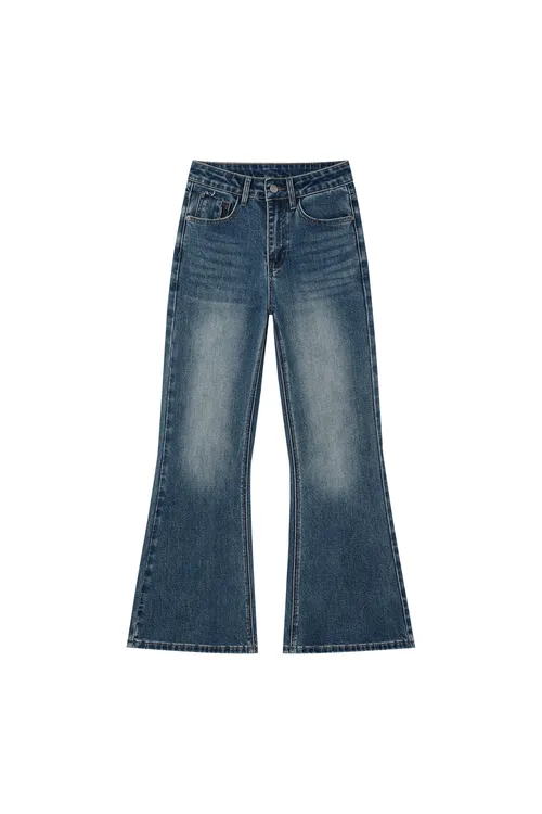 大喇叭裤女秋季不贴腿蓝色做旧美式加厚感时尚休闲裤宽松显瘦