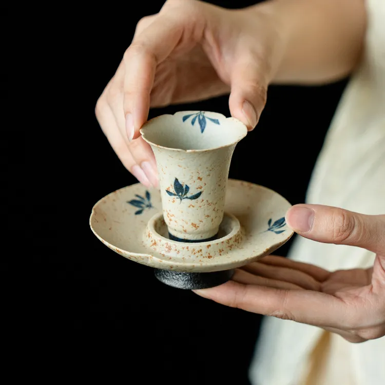 赞朴青花火石红茶杯纯手绘蝴蝶兰主人杯带杯垫陶瓷不烫手功夫茶具