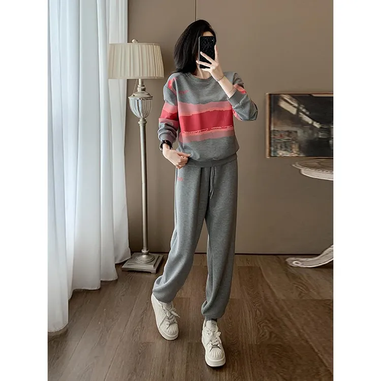 灰色运动休闲套装女秋冬2025新款宽松时尚减龄洋气卫衣卫裤两件套