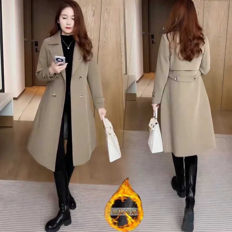 加绒加厚风衣外套女2025秋冬新款洋气质中长款收腰保暖过膝大衣潮