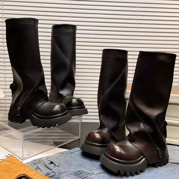 【万达撤柜】时尚皮带扣堆堆靴女款裤管靴2025秋冬厚底皮靴增高显瘦