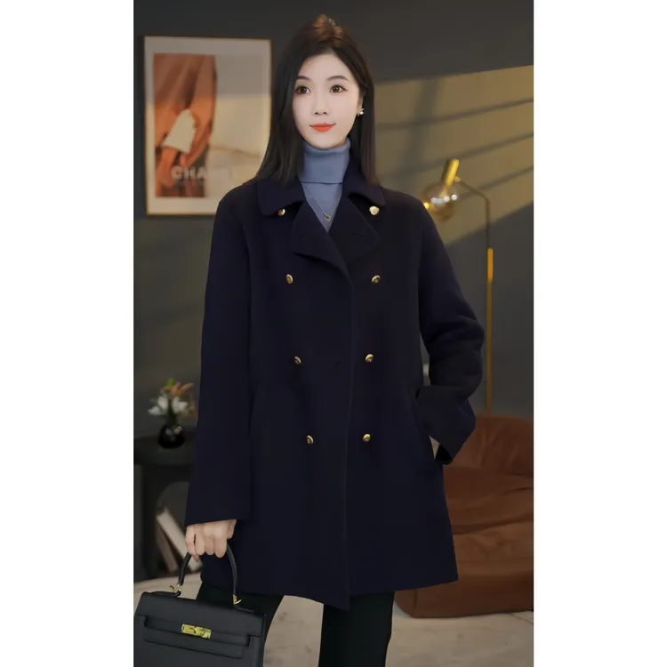 【小北甄选】8584414海军蓝曼贝秋冬新款高端百搭长袖双面羊绒大衣