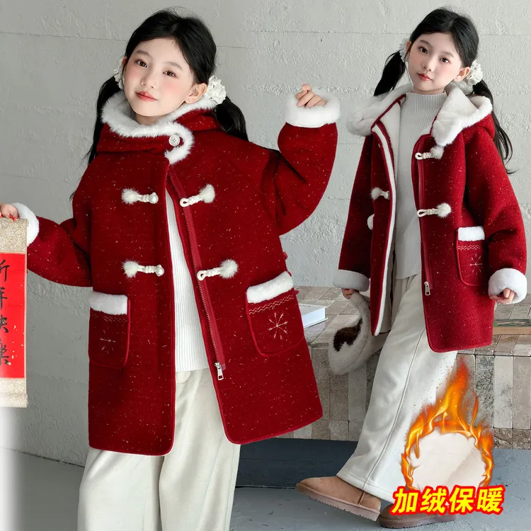 女童红色加绒外套秋冬季2025新款儿童过新年拜年衣服初中生女孩装