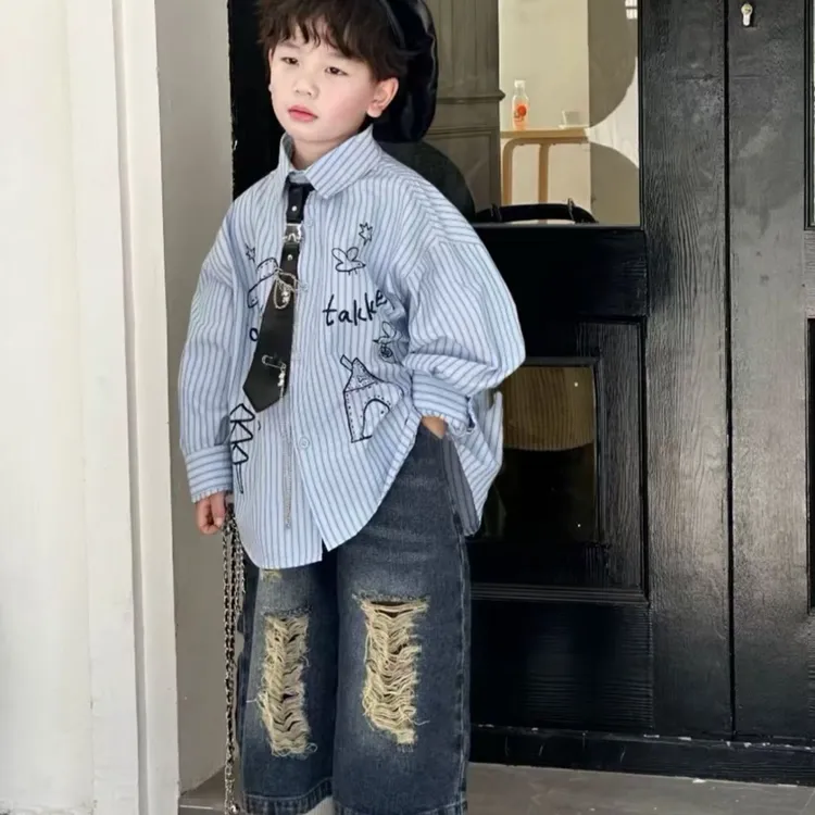 男童痞帅条纹衬衫牛仔裤套装儿童2025新款男宝宝洋气韩版两件套潮