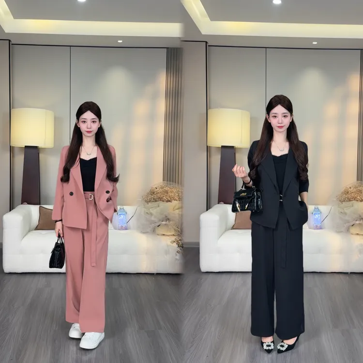 【桃墨轻忧】小个子定制时尚廓形轻奢西装套装阔腿裤两件套2504