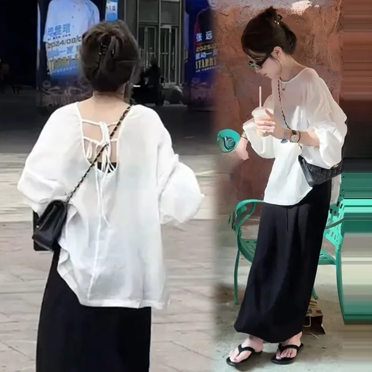 韩版时尚慵懒一整套穿搭女秋季新款宽松系带长袖T恤直筒半身裙套