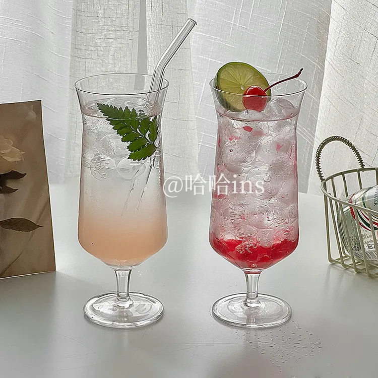 高脚果汁杯家用创意反口玻璃杯鸡尾酒杯果茶气泡水杯饮品杯子女士