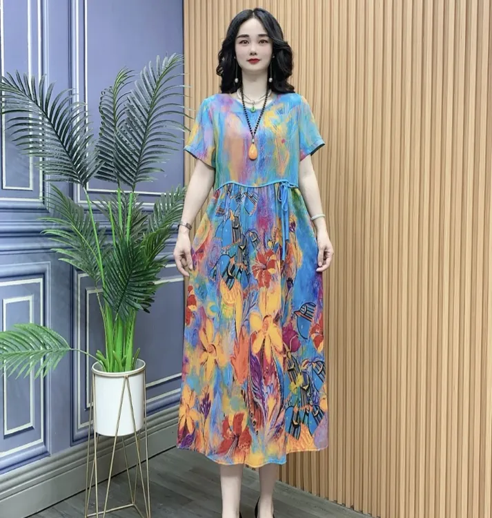 2025妈妈装夏季新款洋气显瘦碎花大码休闲遮肚宽松连衣裙660-2