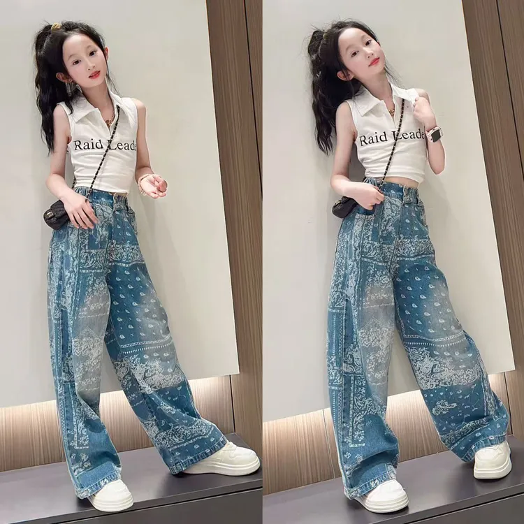 女童牛仔裤2025新款儿童裤子夏薄款洋气时髦小女孩阔腿裤夏装长裤