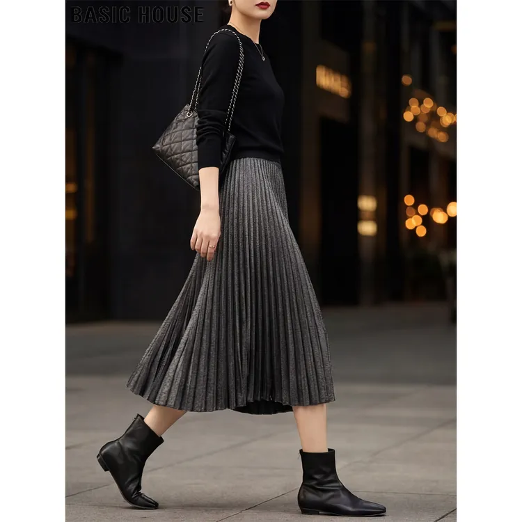 Basic House/百家好法式灰色百褶半身裙女2026春季A字中长大摆裙