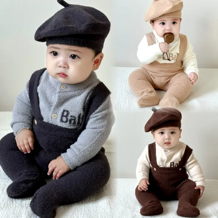 男宝宝衣服秋冬款半边绒毛衣针织小开衫婴儿连体包脚背带裤三件套