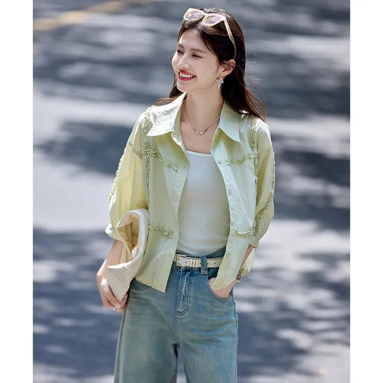 尚静欧若风设计感纯棉衬衫2025夏季新款时尚休闲潮流拼接木耳花边