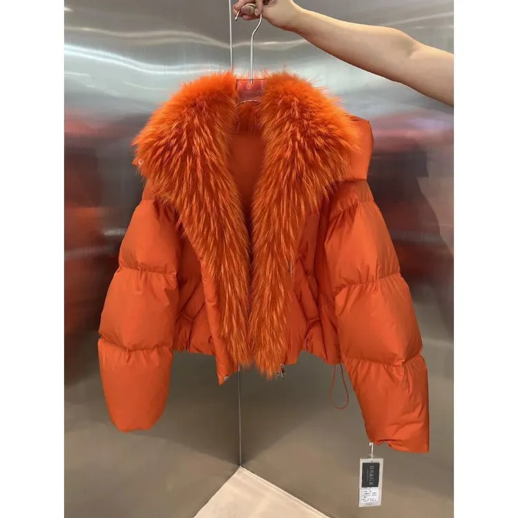 秋冬新款糖果色鸭绒羽绒服休闲欧货大毛领派克服保暖