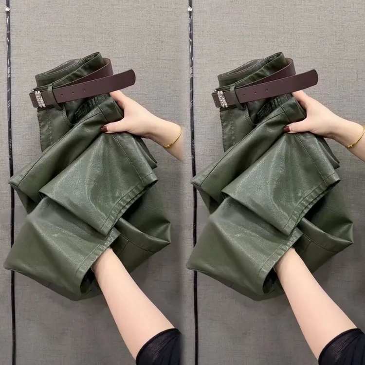 绿色高腰磨砂皮裤女冬季加绒加厚显瘦弯刀九分休闲裤时尚洋气