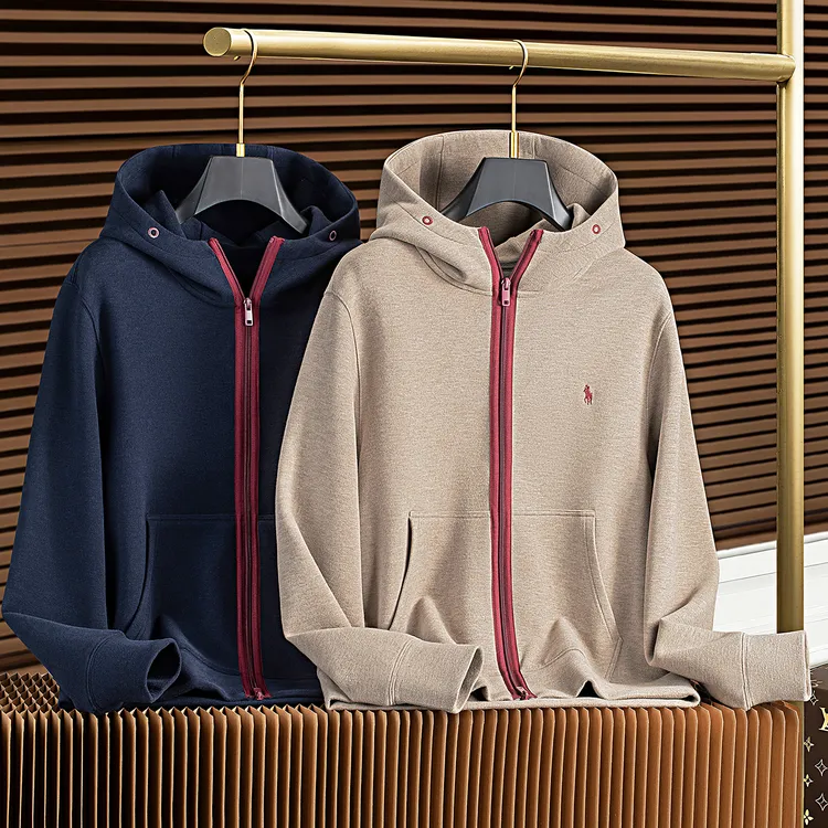 秋冬轻奢琥珀老钱风撞色重磅柔软双面呢舒适男士连帽开衫卫衣外套