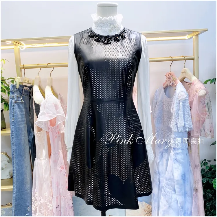 Pink Mary粉红玛琍黑色圆领无袖真皮连衣裙子休闲女装PMAGS580188