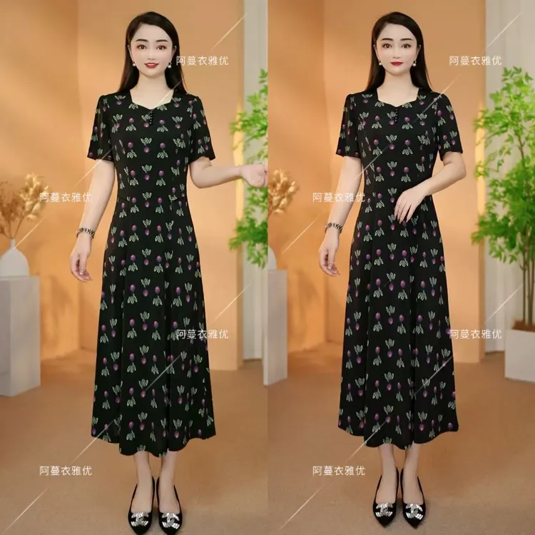 【衣雅严选】8124-2253#新款弹力缎气质显瘦方领短袖连衣裙