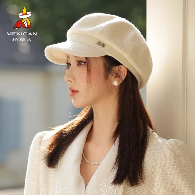 Mexican/稻草人纯色贝雷帽子八角帽时尚休闲复古简约画家帽显脸小
