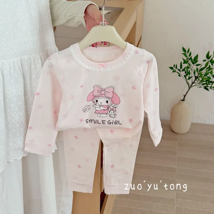 左羽童胸花收口秋衣秋裤长袖纯棉四季款儿童家居服圆领可爱套装