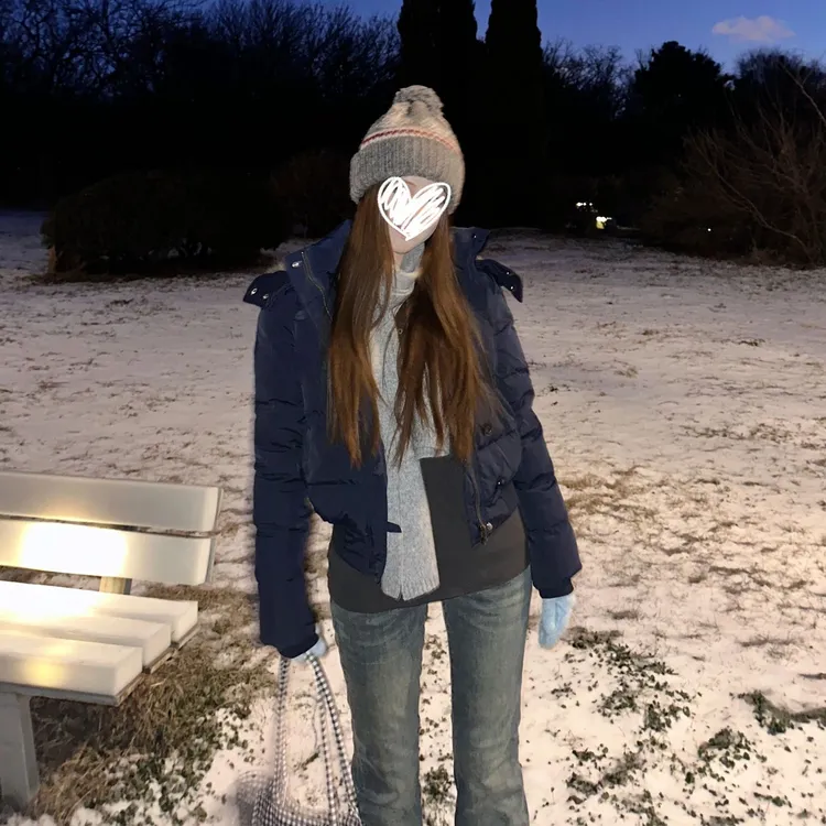 复古藏青色连帽毛领棉服外套女冬季新款短款加厚设计感保暖面包服