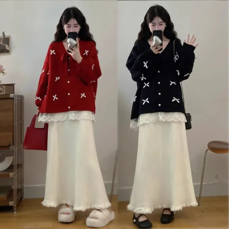 2025秋冬甜美风穿搭一整套女蝴蝶结假两件针织开衫显瘦半身裙套装