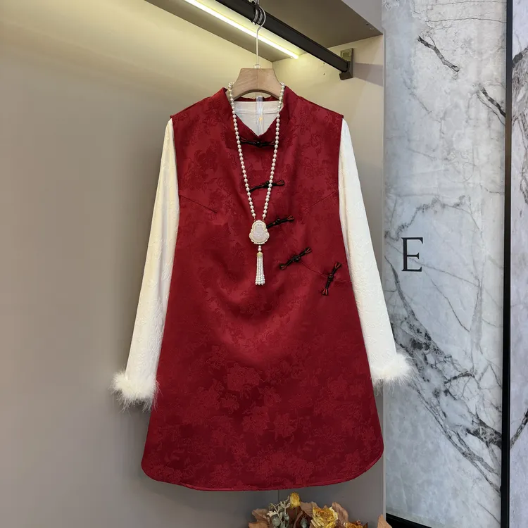 时尚胖mm2025新中式设计感复古休闲轻奢毛袖内搭+马甲裙套装61303