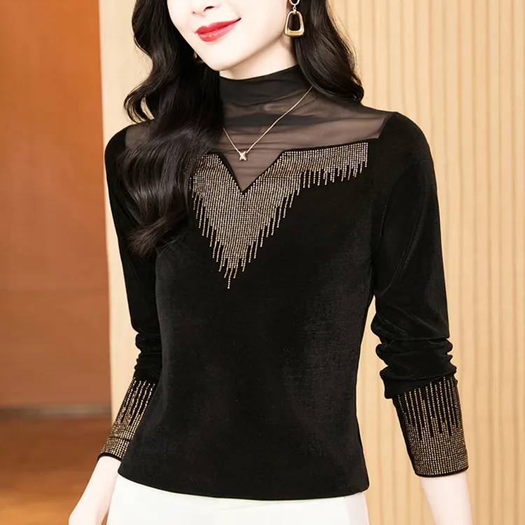 高领网纱拼接丝绒烫钻内搭打底衫女2026春季新款洋气T恤女L2972