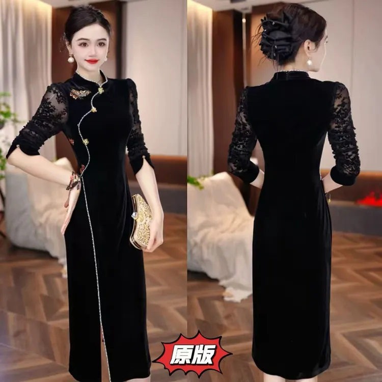 高档丝绒面料时尚改良旗袍连衣裙2025秋季新款显瘦洋气轻奢减龄裙