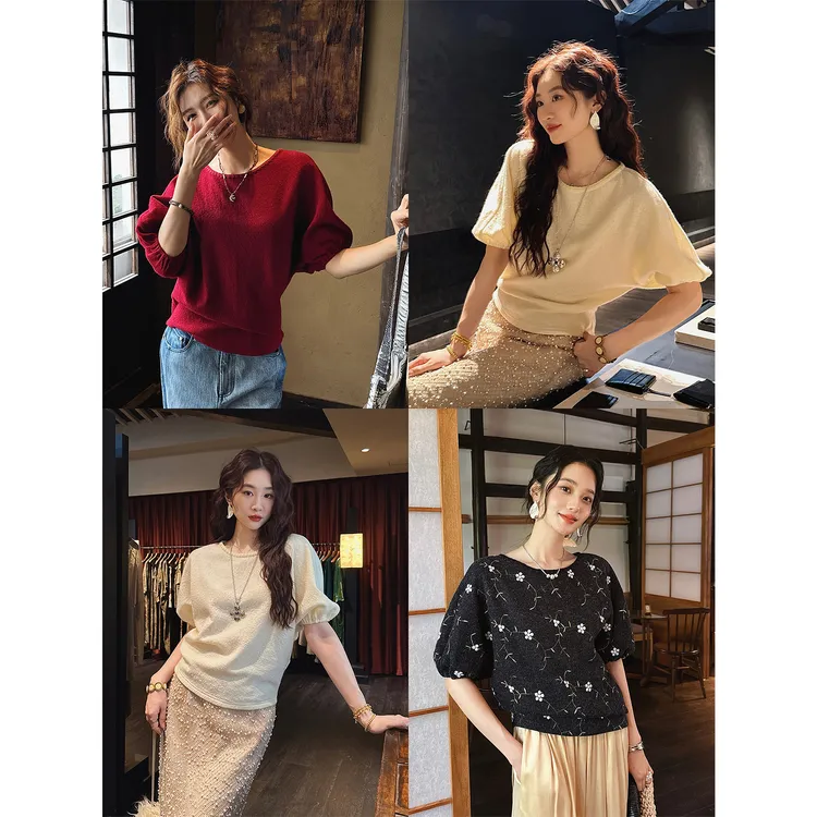 三吉黑花【拾贝】空气洗绒毛羊毛短袖T恤刺毛贝壳绣今年流行爆款