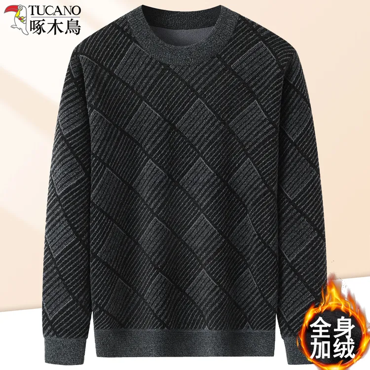 啄木鸟加绒加厚爸爸装秋冬季圆领毛衣男士格纹中老年人针织打底衫