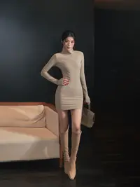 【罗哥】秋冬长袖小高领针织弹力连衣裙收腰修身打底包臀裙LL77093