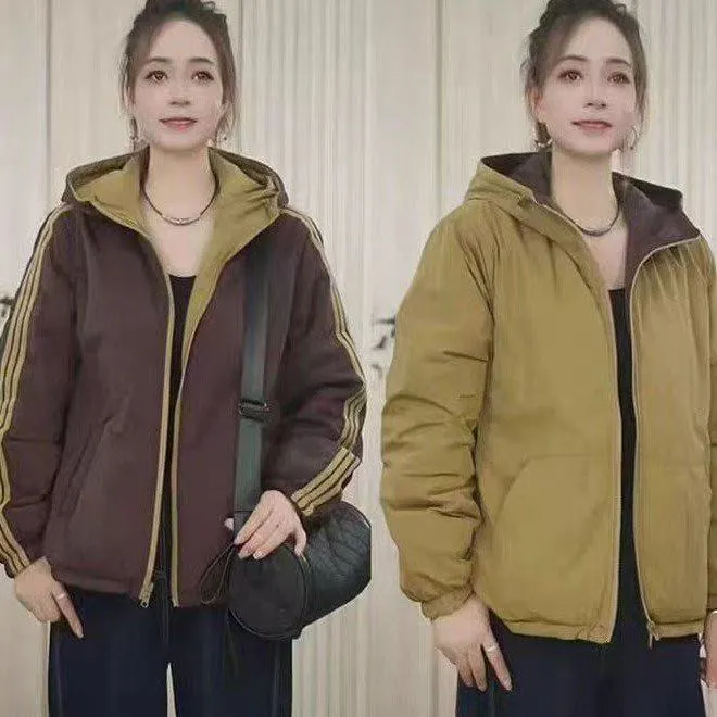 秋冬连帽棉衣女时尚外套潮流女士秋冬休闲立领连帽双面穿棉服百搭