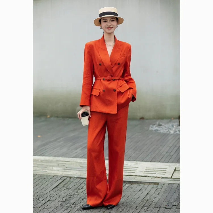 ZEROYK西装职业套装秋季新款高级感100亚麻修身西服直筒裤两件套