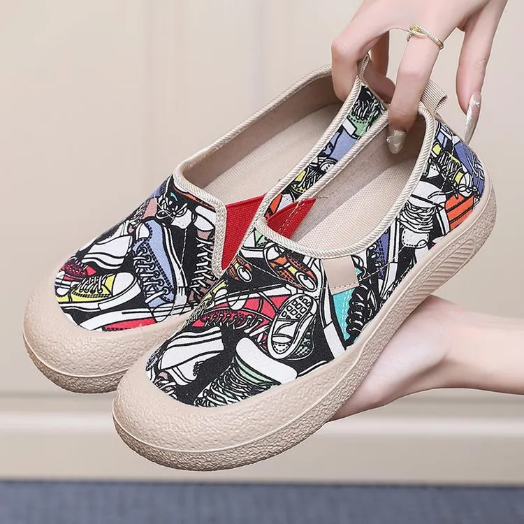 2025春季新款涂鸦风格一脚蹬懒人鞋软底软面舒适单鞋平底透气布鞋