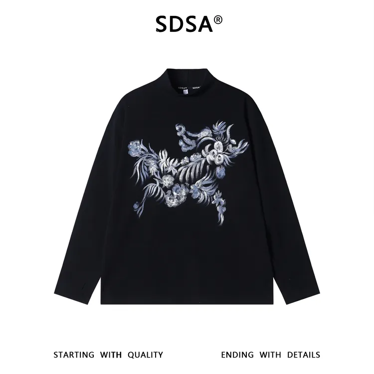 SDSA男士秋冬新款痞帅男装简约时尚手绘彩色花卉立领长袖T恤百搭
