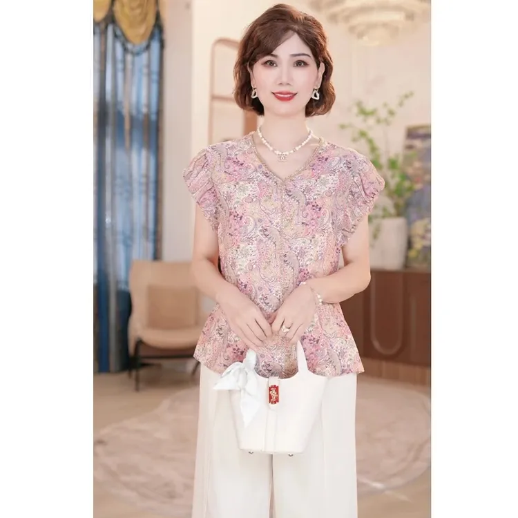 洋气妈妈夏装雪纺套装2025新款时尚减龄小衫中老年人女装夏季T恤