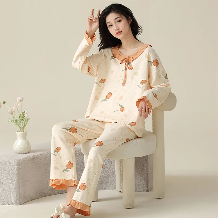 长袖睡衣女秋季2025新款橘色花边甜美休闲可外穿家居服套装