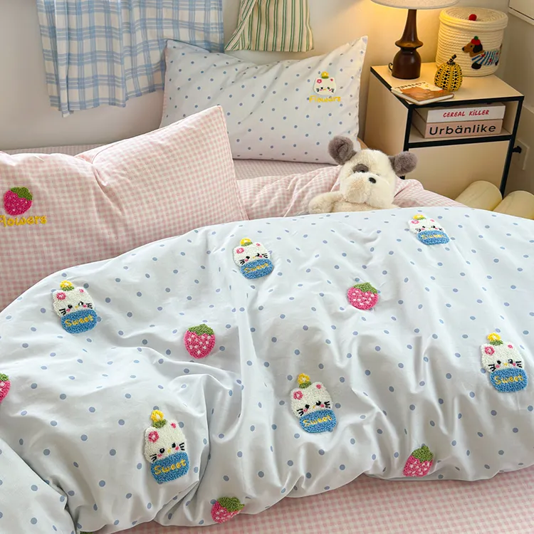 【朵罗塔】卡通小猫毛巾绣床上四件套纯棉100%全棉2025新款被套床单