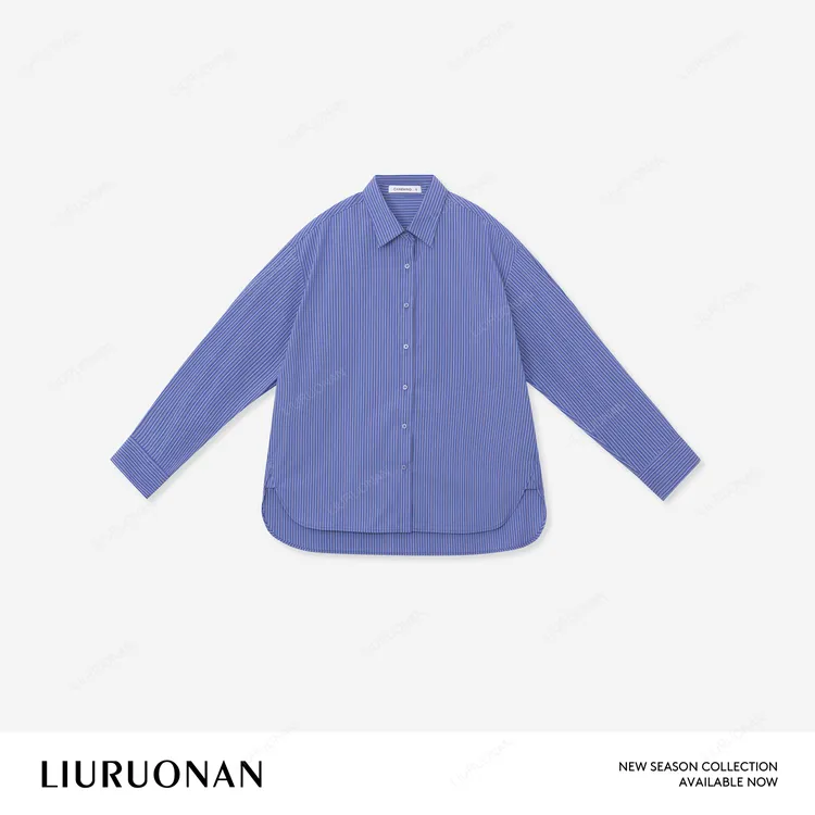 LIURUONAN【潮汐线条纹衬衫】极简廓形翻领单排扣宽松长袖衬衣春夏