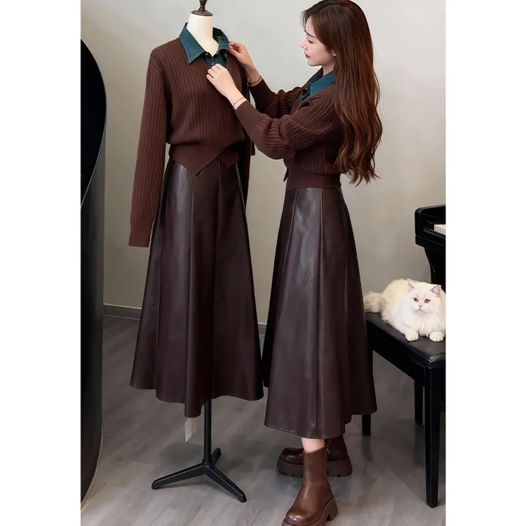 整套早秋穿搭套装高级感牛仔衬衫领拼接假两件毛衣半身裙两件套