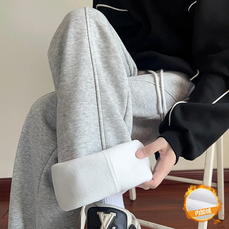 加绒加厚休闲裤男秋冬季美式重磅直筒卫裤oversize潮牌宽松阔腿裤