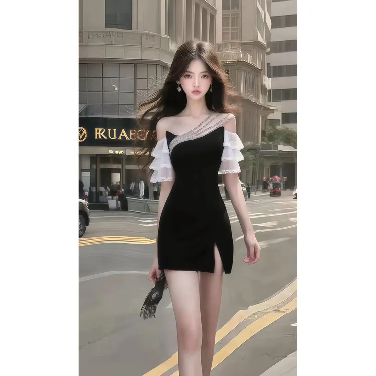 秋冬新款时尚温柔风不规则领型修身收腰连衣裙女氛围感气质女装